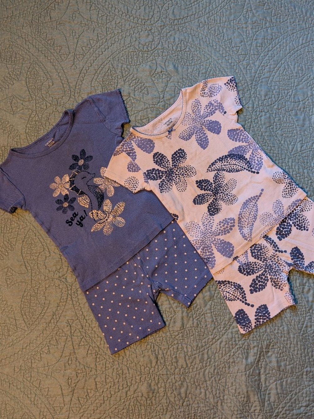Carter Seahorse Blue Floral Pajamas Toddler Size 3T
